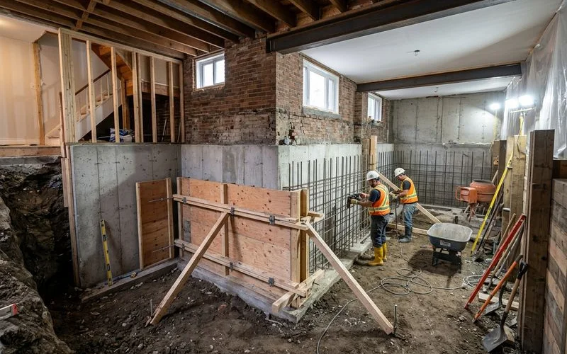 Basement underpinning work in progress, lowering the floor to gain ceiling height