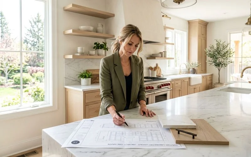 Designer reviewing a custom kitchen cabinetry layout with quartz and oak material samples