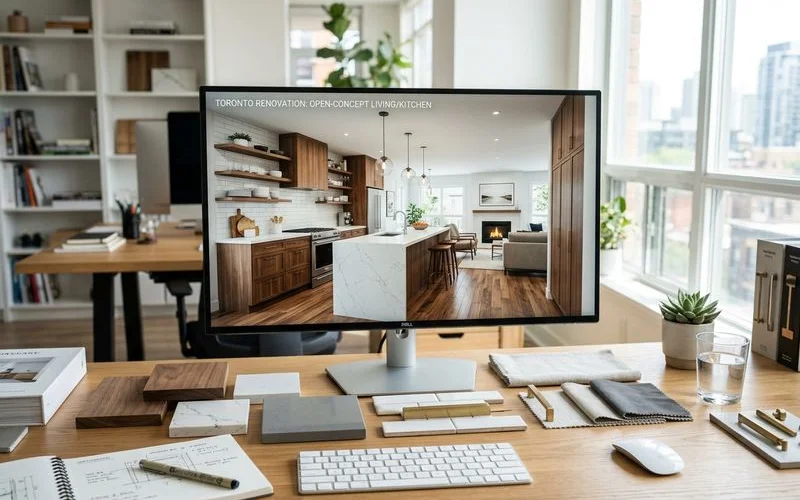 Detailed 3D architectural rendering of a renovated open-concept living and kitchen space