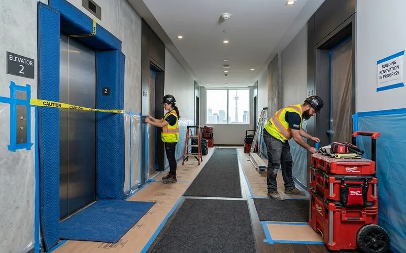 Renovation crew protecting a condo corridor and service elevator during a unit modernization