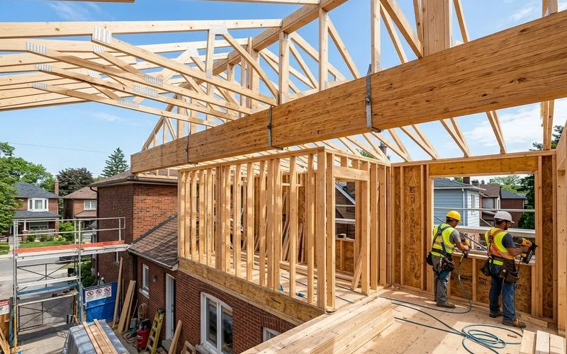 Structural framing of a second-storey home addition in progress with new roof trusses