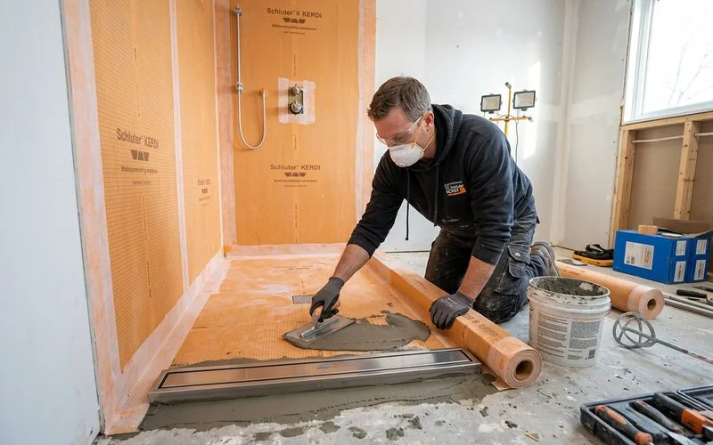 Technician installing a Schluter-KERDI waterproofing membrane and linear shower drain
