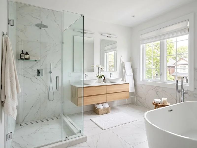 Modern spa-style master ensuite renovation with a walk-in glass shower