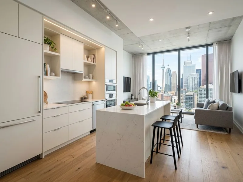 Modernized downtown Toronto condo interior with a sleek open kitchen