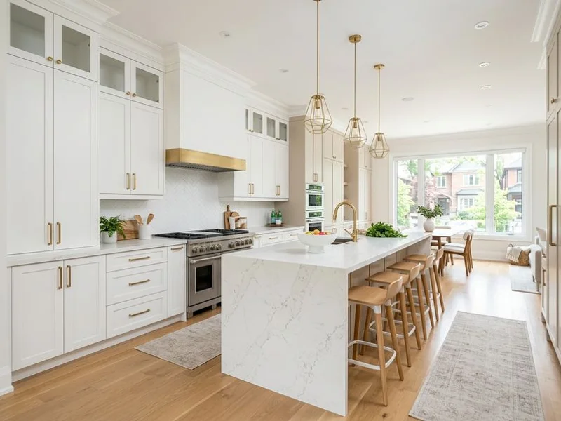 Open-concept Toronto kitchen renovation with a quartz waterfall island