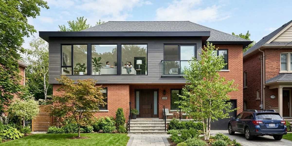 Completed second-storey addition on a Toronto home with a new roofline and modern exterior finishes