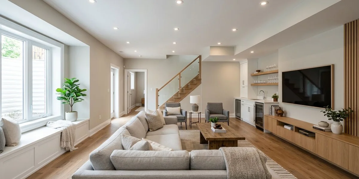 Finished Toronto basement living area with bright pot lighting and modern flooring