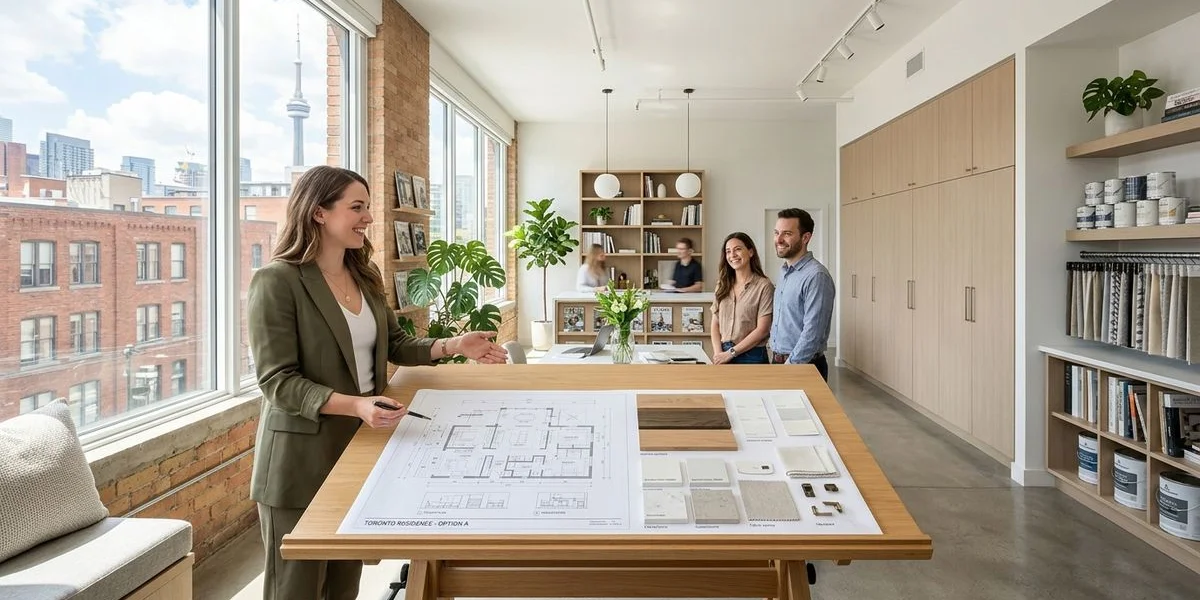 Interior designer presenting a space plan and material palette for a modern Toronto home