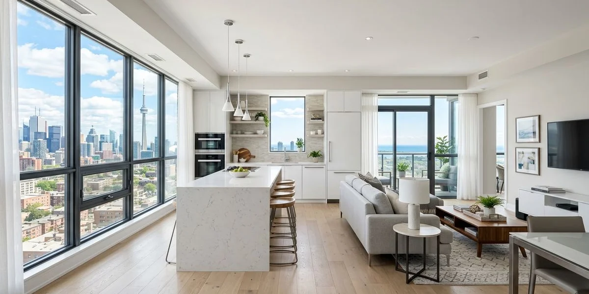 Modernized Toronto condo interior with an open kitchen-living area and large windows