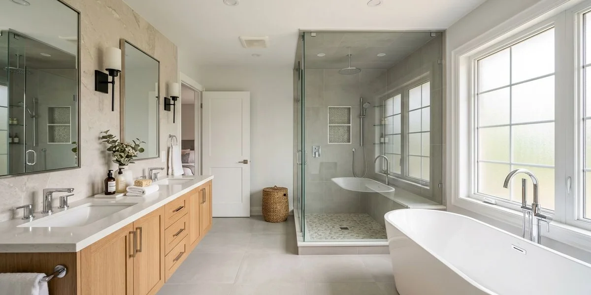 Renovated modern Toronto master ensuite with a floating vanity, glass walk-in shower, and freestanding soaking tub