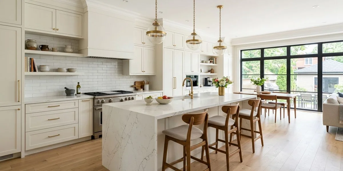 Renovated open-concept Toronto kitchen with a white quartz waterfall island and ceiling-height custom cabinetry